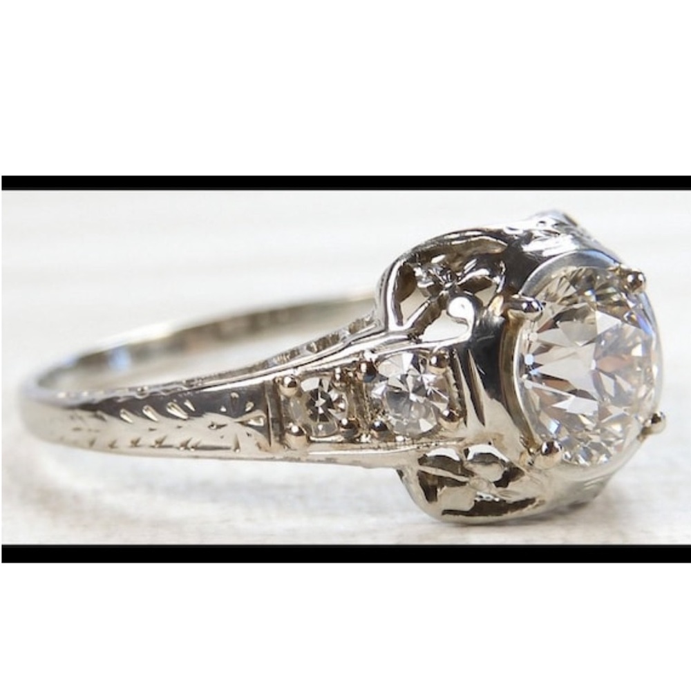 Art Deco 97ct 1920s Antique Old European Cut Diamond 18k white gold ring estate - Picture 6 of 14